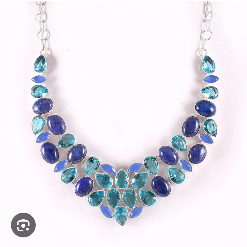 Elegant Lapis and Blue Glass Silver  Bib Necklace